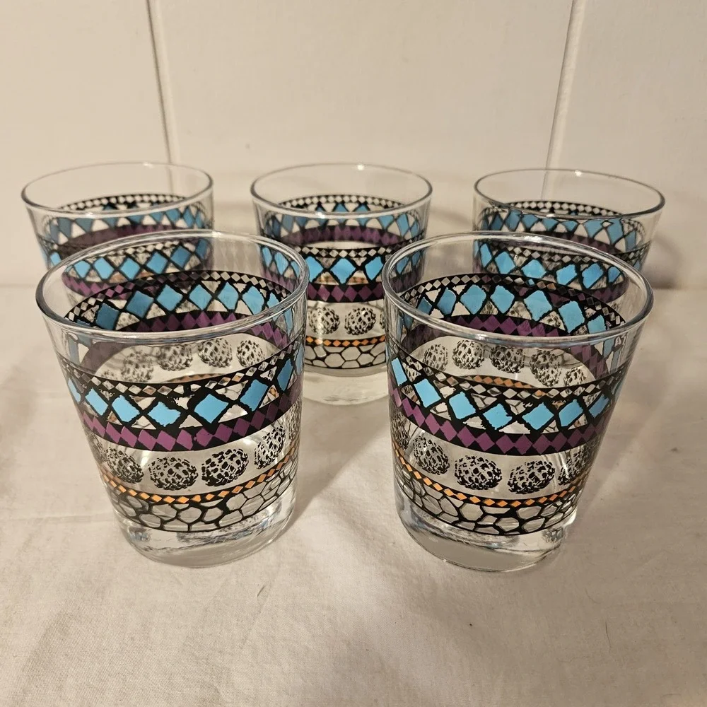 IKEA Geometric Juice Rocks Bar Drinking Glasses Old Fashion Purple Teal Set Of 5